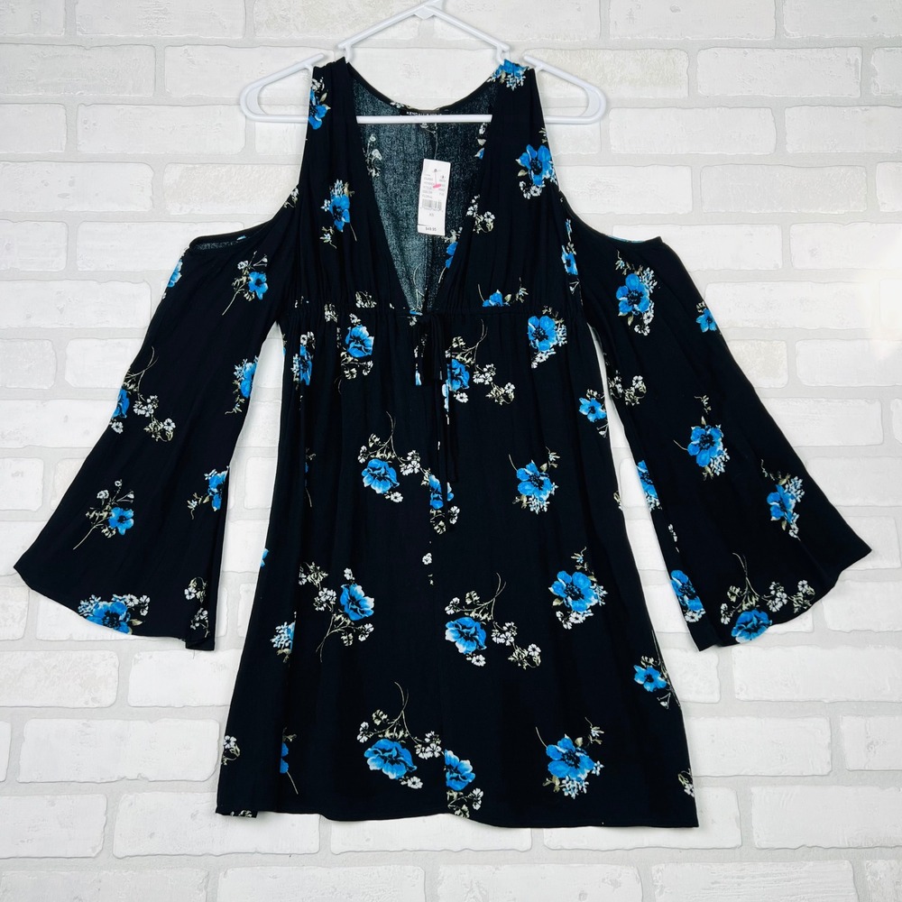 Kendall & Kylie Black Blue Floral Cold Shoulder‎ Sleeve Tie Mini Dress XS NWT